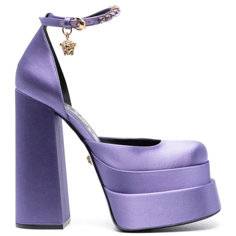 Versace Lavender Satin Platform Ankle-Strap Heels with Gold Medusa Charm